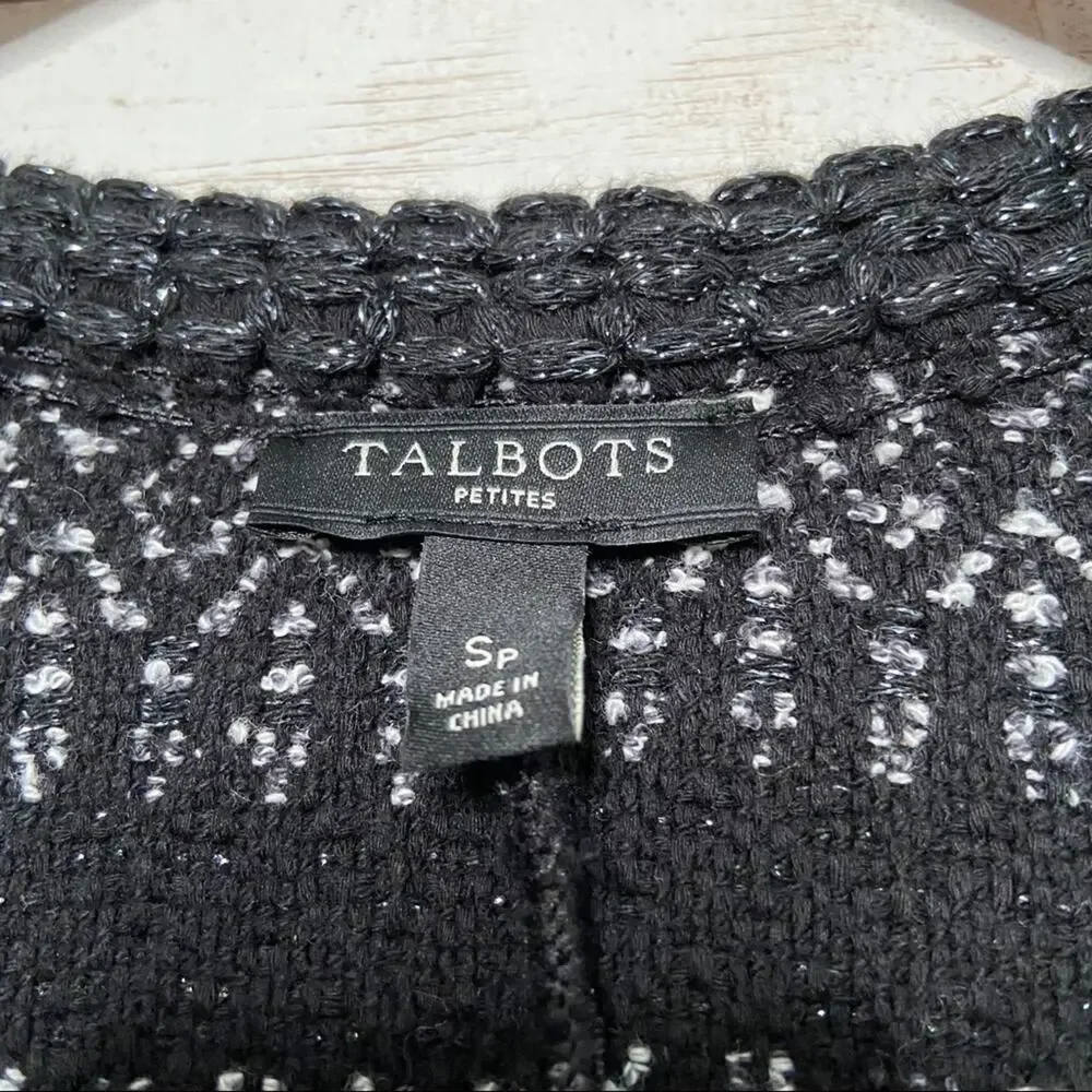 Talbots Tweed Blazer Black Silver Open Front Coat Preppy Work Minimalist Size SP